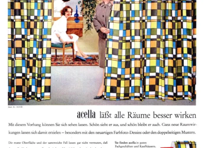 Vintage Acella curtains advertisement (1961) showcasing mid-century modern geometric fabric design in bold colors.